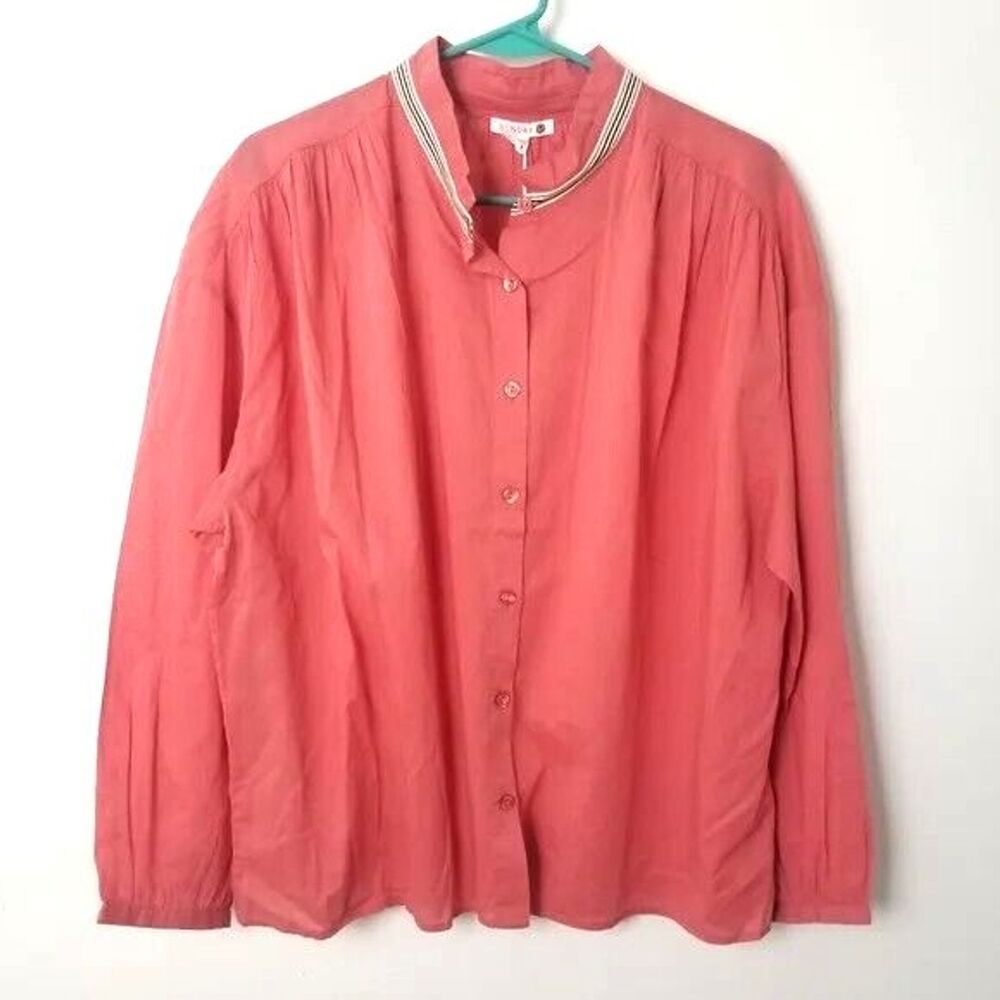 Sundry, Cotton Button Down Top, Long Sleeve, Striped Collar - Coral, Size 4